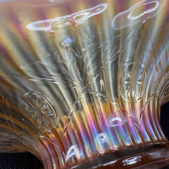 Dugan Caroline Peach Opal Opalescent Carnival Glass Handled Basket Bowl Antique - Picture 2 of 16